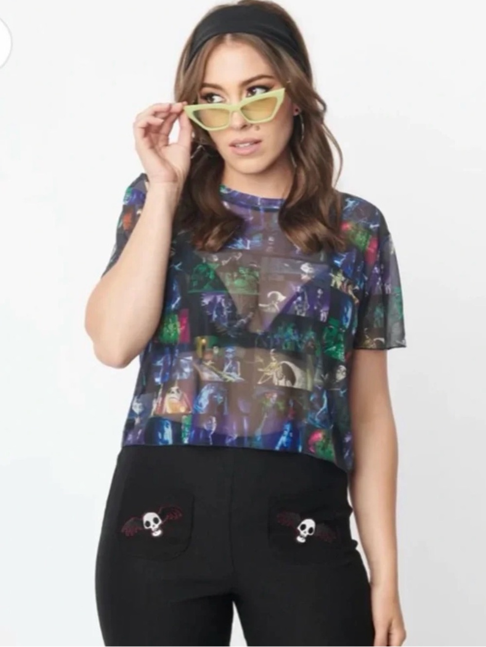 Unique Vintage Black Sheer Multicolor Graphic Mesh Crop Top